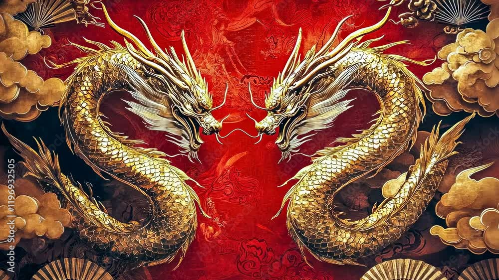 Two golden dragons facing.Positioned red floral backdrop.Both appear fierce and poised confrontation.Art depicts mythical creatures action.Scene suggests traditional Eastern setting.Illumination