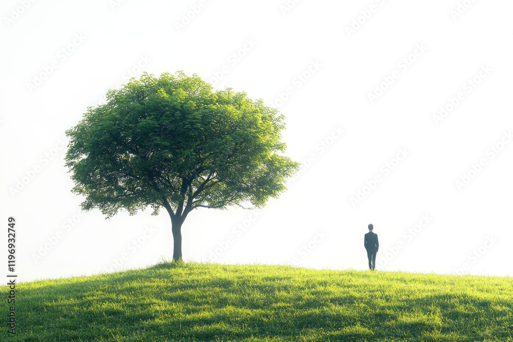 A person standing near a tree on a hill, perfect for landscape or environmental use A person standing near a tree on a hill, perfect for landscape or environmental use