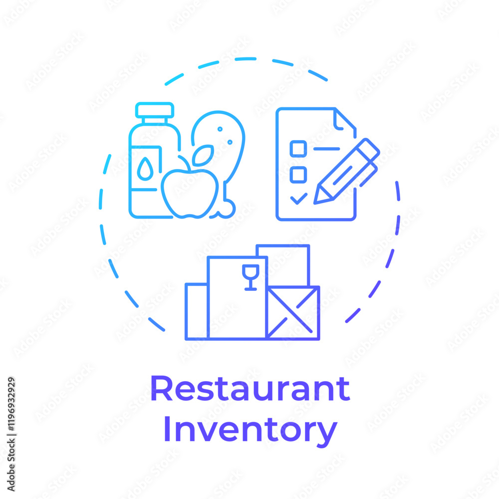 Restaurant inventory blue gradient concept icon. Supplies control. Food serving business management. Round shape line illustration. Abstract idea. Graphic design. Easy to use in promotional material Restaurant inventory blue gradient concept icon. Supplies control. Food serving business management. Round shape line illustration. Abstract idea. Graphic design. Easy to use in promotional material