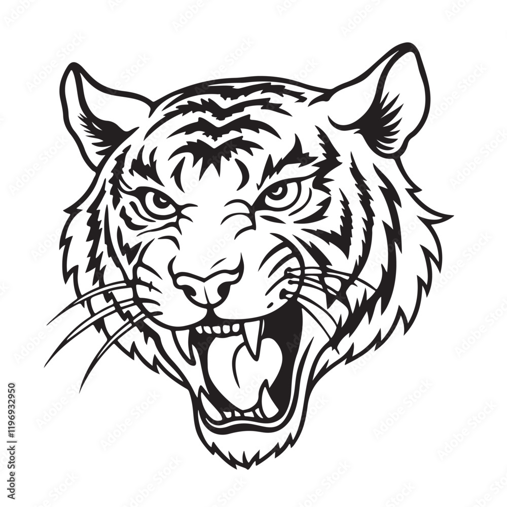 Fototapeta premium Angry tiger head with roaring mouth hand drawn sketch engraving style vector illustration.