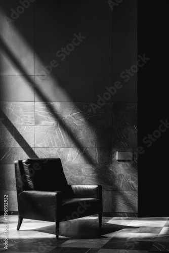 A stylish black leather armchair situated in a modern, sunlit room with abstract designs on the wall and dark tiles on the floor. photo