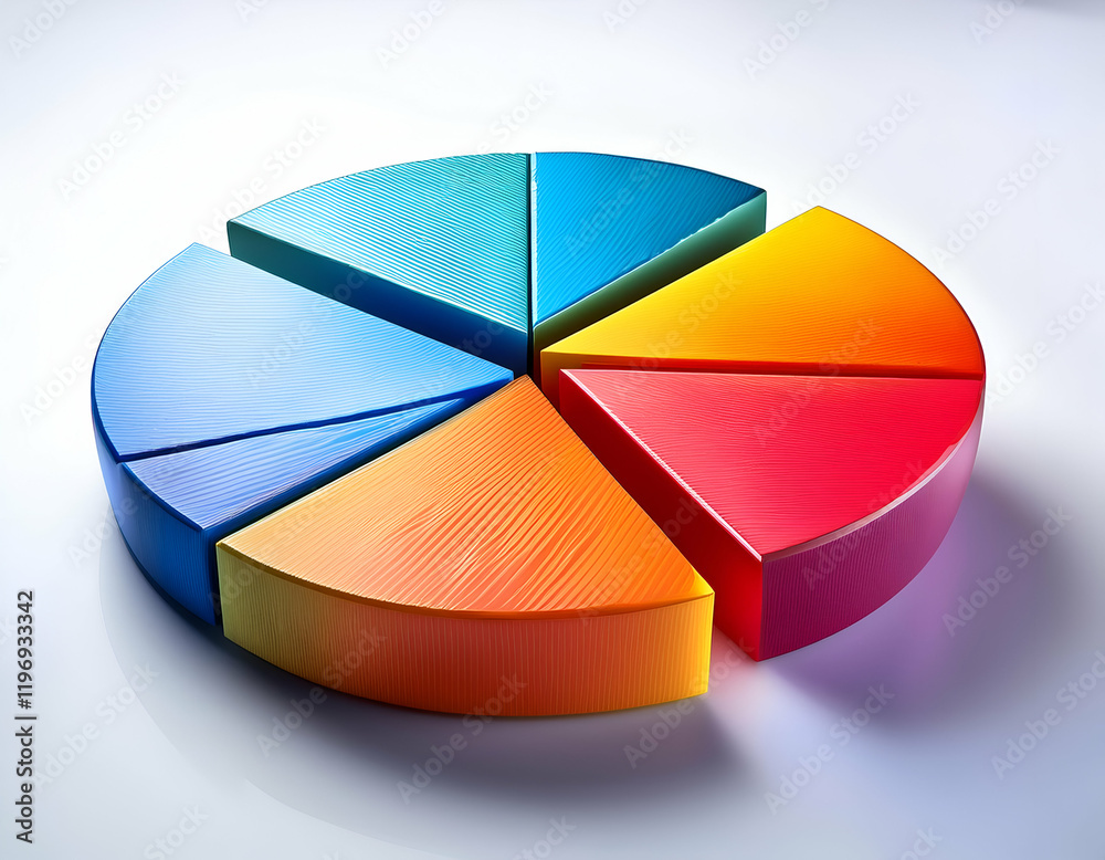 Obraz premium Colorful 3D pie chart with segments in vibrant hues, isolated on a white background for clear visualization. 