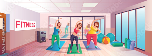 Cartoon fitness room interior with girls doing morning exercises, girls doing sports, doing exercises, fitness, dancing, group sports. Flat Vector Illustration.