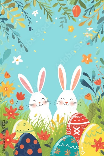 Playful Easter Scene With White Bunnies and Decorated Eggs in a Spring Setting