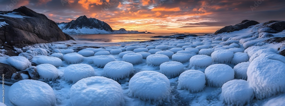 Fototapeta premium Snowy Beach with Frozen Rocks