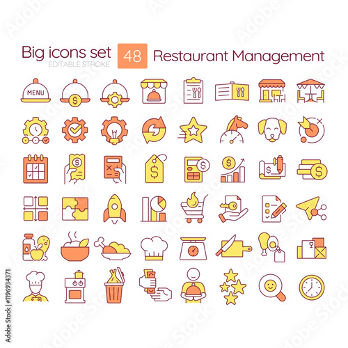 Restaurant management RGB color icons set. Catering business development strategy. Food serving for customers. Isolated vector illustrations. Simple filled line drawings collection. Editable stroke