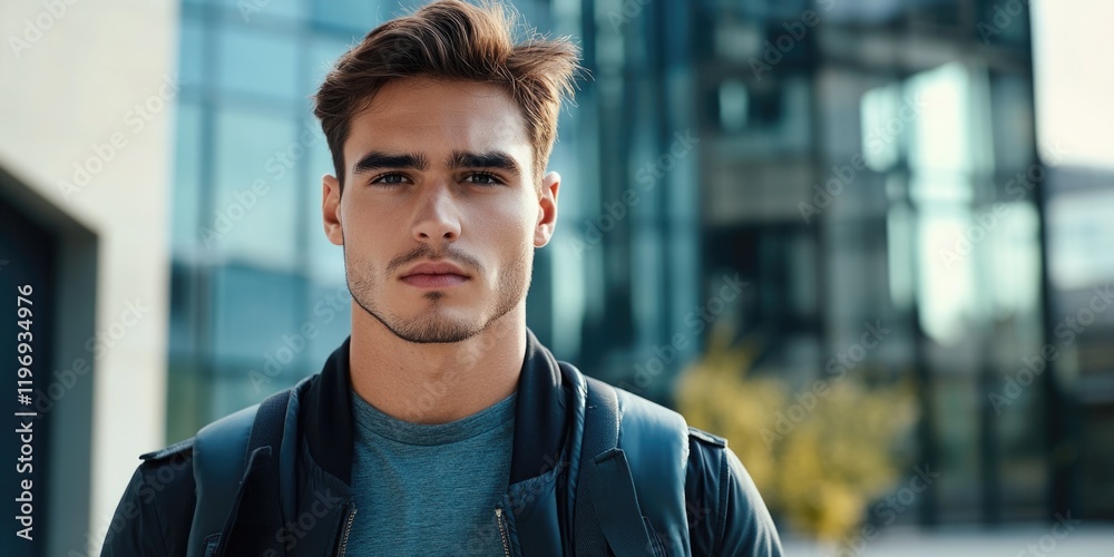 Obraz premium Young man wearing a backpack, possibly at a university or college
