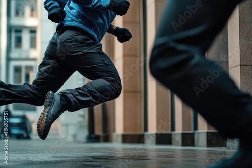 A person wearing a blue jacket runs quickly down a city street, possibly in a hurry or fleeing from something