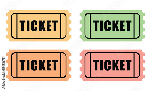 A set of movie ticket icons. Retro ticket design template. Tickets for cinema, movie, circus, carnival, film, festival, etc. Vector illustration.