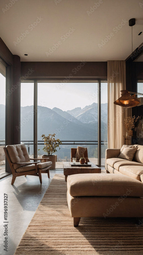 Fototapeta premium Earth Tone Interior with Soft Morning Sunlight and Gorgeous Mountain View in European Living Room Interior Design Inspiration