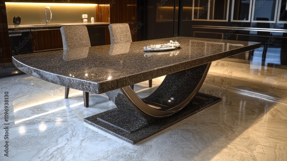 A luxurious, just-installed granite dining table with beveled edges, setting the stage for elegant dining experiences. A luxurious, just-installed granite dining table with beveled edges, setting the stage for elegant dining experiences.