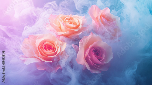 Fresh sping roses pink red orange coming out of a pastel purple blue smoke. Generated AI.