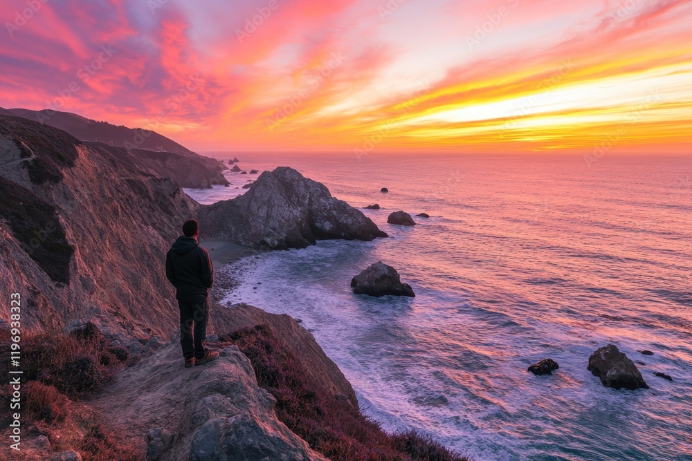 Breathtaking sunset view over coastal cliffs with person admiring the colorful sky Breathtaking sunset view over coastal cliffs with person admiring the colorful sky