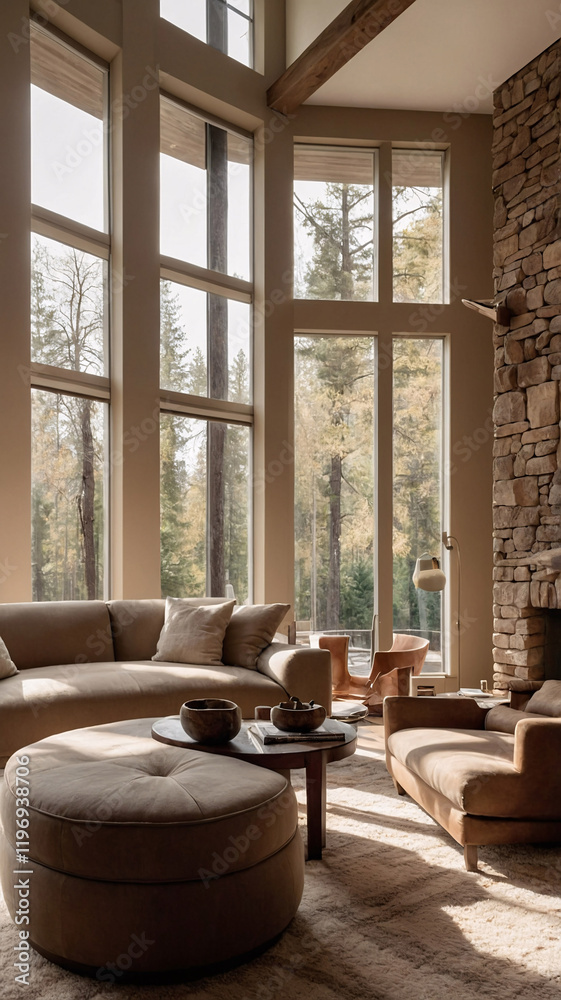 Fototapeta premium Scenic Mountain View from a Beautiful Earth Tone European Living Room Bathed in Morning Sunlight Interior Design Inspiration