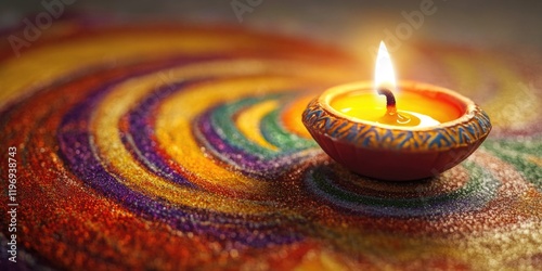 Cultural festival with colorful rangoli on the floor, illuminated by a lit candle. Symbol of hope, light, and spiritual renewal. photo