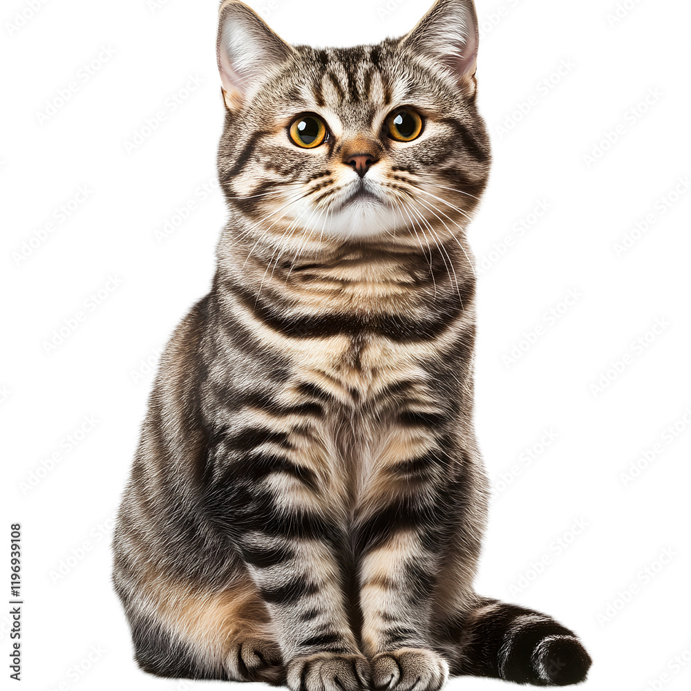 Obraz premium -American Shorthair cat sitting, full-body view, transparent background, PNG