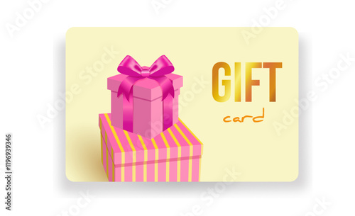 Vector Gift Card and Blank Gift Certificate with pink gift box Silk Ribbon and  Satin Bow . Greeting or Sale Card, voucher,  Isolated. Birthday, Christmas, Party Gifts, Invitation
