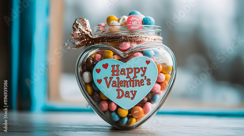 Cute heart-shaped jar filled with candy and a 