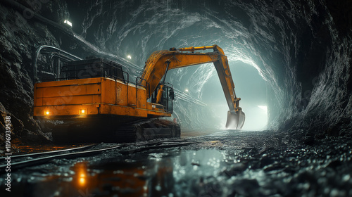 Fototapeta Naklejka Na Ścianę i Meble -  Illustration of a mining tunnel background, excavators and bulldozers working at a construction site at night