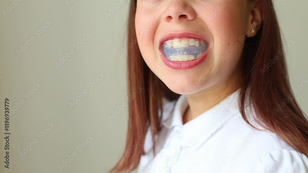 A young girl demonstrates how to put on and showcase her orthodontic retainer designed to correct her bite and improve her smile. This close-up footage provides insights into the importance of dental A young girl demonstrates how to put on and showcase her orthodontic retainer designed to correct her bite and improve her smile. This close-up footage provides insights into the importance of dental