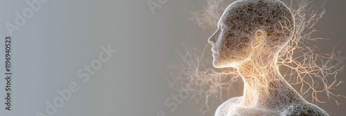 A human figure made of glowing neural networks, visualizing a conceptual representation of the nervous system or artificial intelligence on a light background