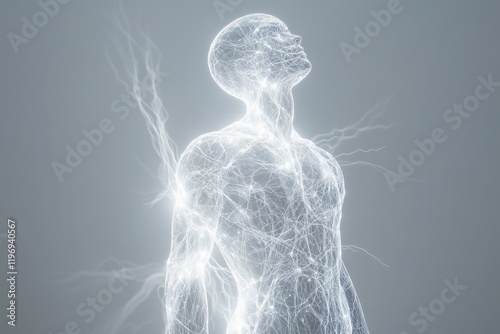 A human figure made of glowing neural networks, visualizing a conceptual representation of the nervous system or artificial intelligence on a light background