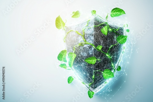 A futuristic shield with interconnected glowing lines and bright green leaves entwined, symbolizing advanced eco technology and environmental protection, set against a clean gradient background photo