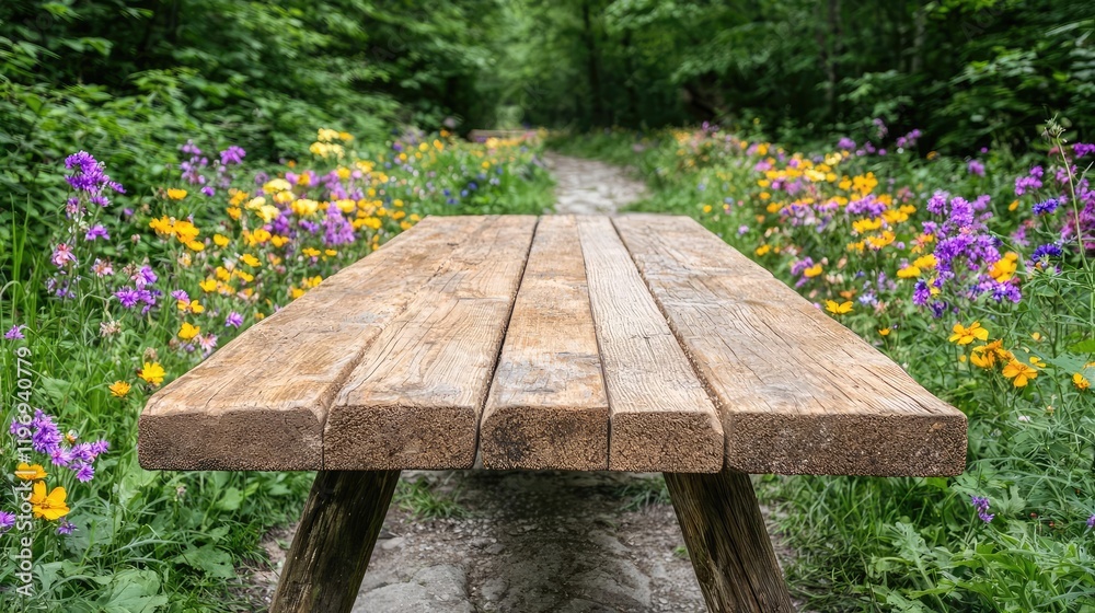 Fototapeta premium Rustic wooden bench in a forest path, wildflowers blooming, peaceful nature scene, ideal for relaxation or nature themed designs