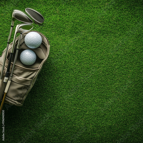 Golf Clubs and Balls: A high-angle, close-up shot showcasing a beige golf bag filled with clubs and golf balls, resting on a vibrant green putting surface.  Plenty of copy space. 