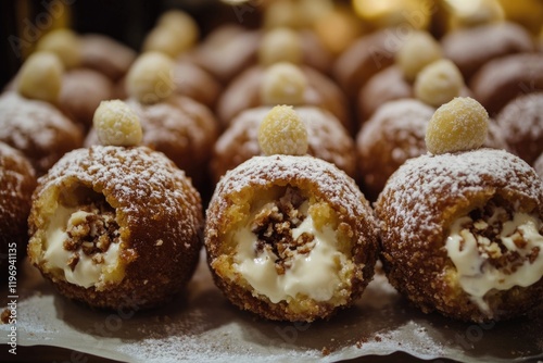 A tray of freshly baked donuts smothered in powdered sugar, perfect for a bakery or cafe display photo