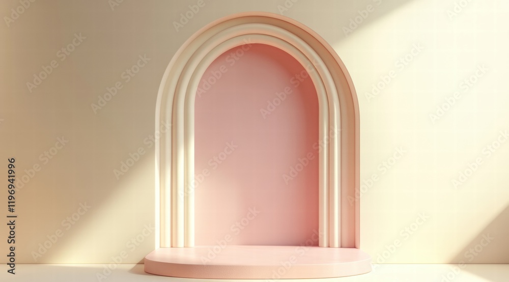 3D render of a simple, minimal pink podium in the shape of an arch on a pastel background 3D render of a simple, minimal pink podium in the shape of an arch on a pastel background