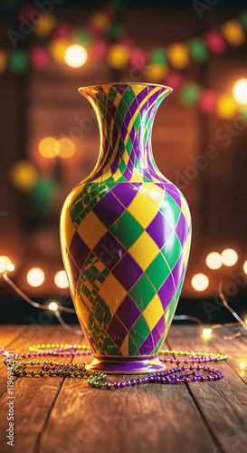 Decorative vase featuring Mardi Gras colors and patterns place on a wooden table. Mardi Gras Celebration.