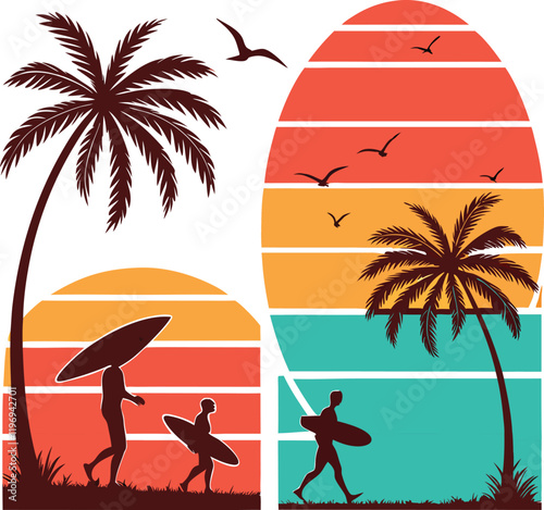 A retro styled vibrant sunset illustration