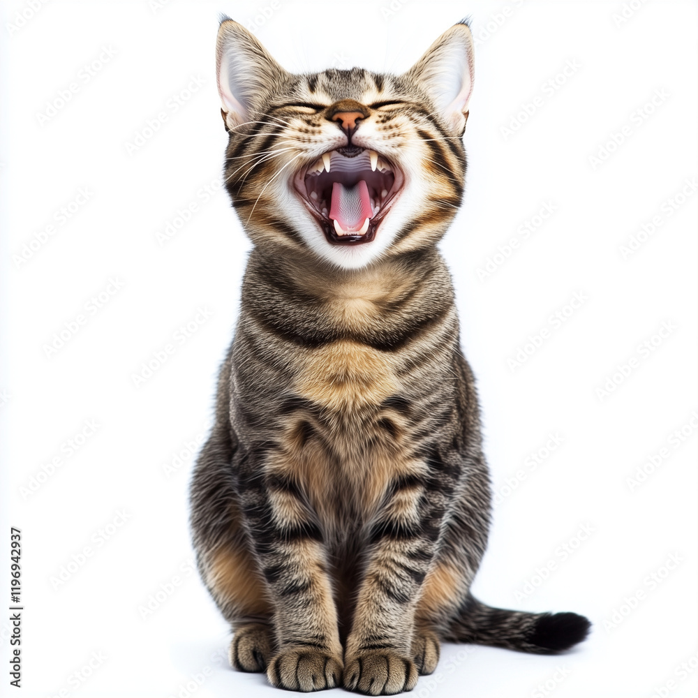 Fototapeta premium Laughing gray tabby cat sitting tall with wide-open mouth on white background