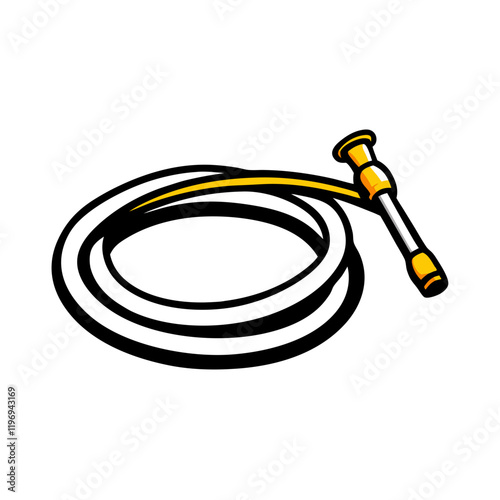 Graphic representation of a coiled garden hose with a yellow nozzle, ideal for gardening and outdoor use