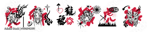 Asian streetwear cyber print set, vector Japanese girl tattoo oriental trendy fashion illustration. Female face demon mask, punk flame acid shapes, t-shirt futuristic design, tiger, flame. Cyber print