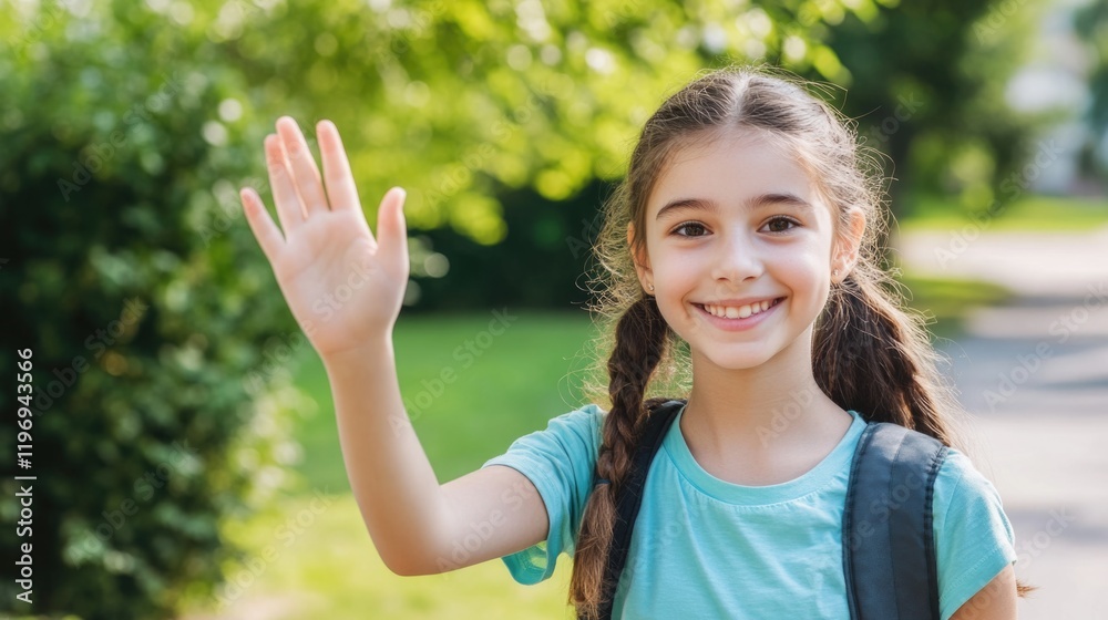 A young girl excitedly waving her hand in the air, possibly during a celebration or expressing enthusiasm A young girl excitedly waving her hand in the air, possibly during a celebration or expressing enthusiasm