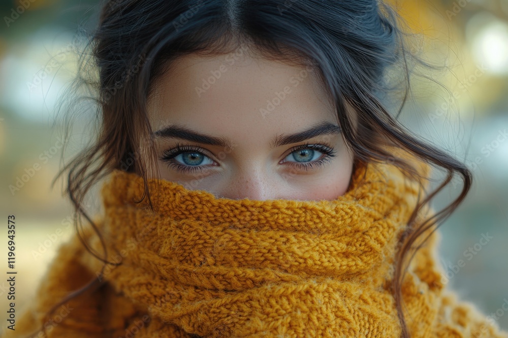 A person's face with a scarf wrapped around their neck, possibly for warmth or as an accessory A person's face with a scarf wrapped around their neck, possibly for warmth or as an accessory