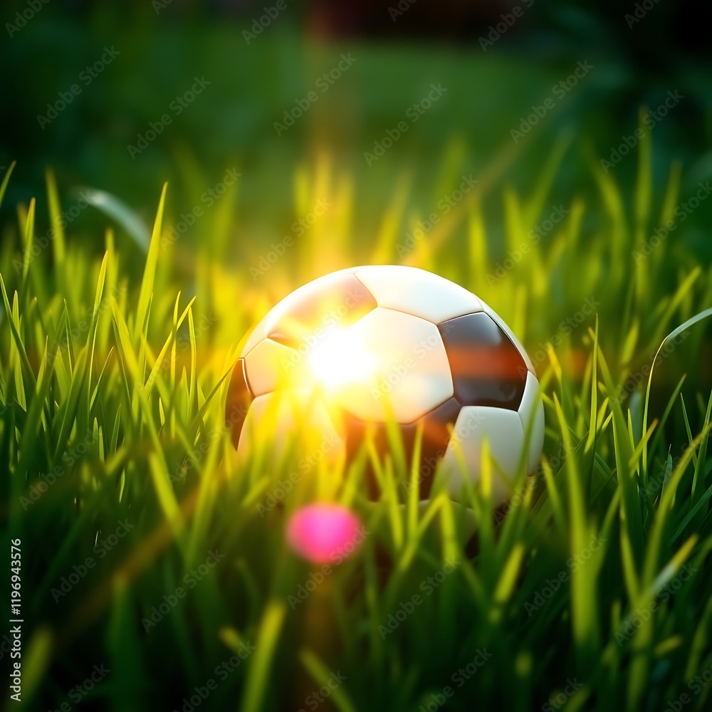 Fototapeta premium Soccer ball in grass at sunset.
