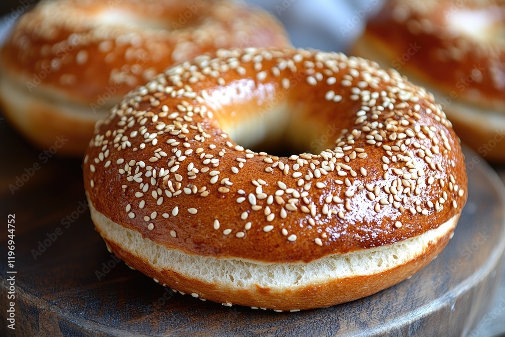 A detailed view of a toasted bagel with sesame seeds A detailed view of a toasted bagel with sesame seeds