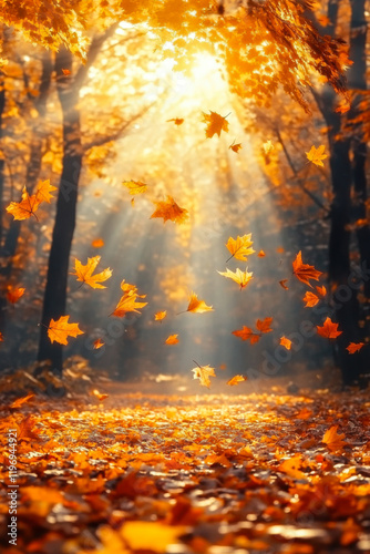Golden maple leaves falling on an autumn forest floor with warm sun rays
