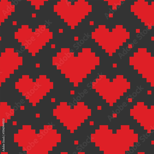 Pixels red hearts on dark background Seamless pattern. Pixel Art Abstract Background Texture concept