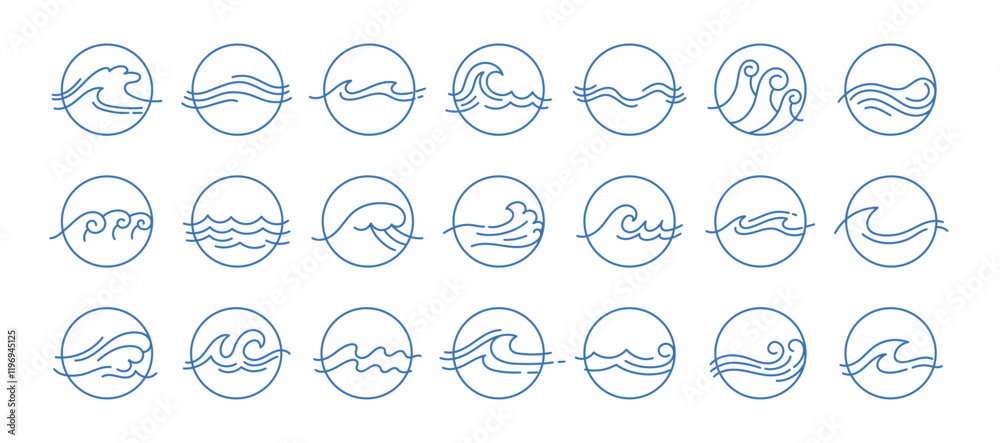 Line sea waves in circle. Doodle wave water icons. Abstract wavy ocean silhouette. Round outline sign with splashes, splatter water. Marine curly, swirly liquid. Vector set