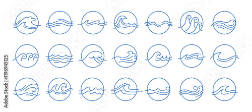 Line sea waves in circle. Doodle wave water icons. Abstract wavy ocean silhouette. Round outline sign with splashes, splatter water. Marine curly, swirly liquid. Vector set