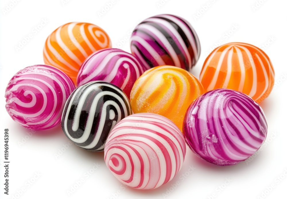 Brightly Colored Striped Candy Spheres Arranged in Artistic Pattern, Featuring Swirls of Pink, Orange, Black, and Purple on White Background for Sweet Treat Aesthetic Brightly Colored Striped Candy Spheres Arranged in Artistic Pattern, Featuring Swirls of Pink, Orange, Black, and Purple on White Background for Sweet Treat Aesthetic