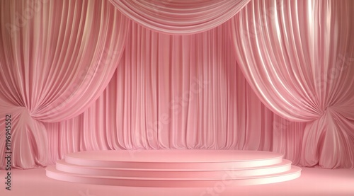 Pink podium background with curtain, minimalist style, pastel pink color palette