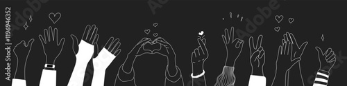 Doodle sketch hands up gestures comic icons silhouettes vector set. Group of line art fun comic hands in the air. Voting or happy congratulation audience recognition symbols.