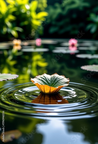 Heart-Shaped Leaf Floating in Serene Pond Nature 8K Vaporwave Tranquility