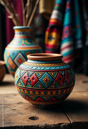 ceramic pot with indigenous patterns rustic wooden table traditional textiles 8K photorealistic close-up craftsmanship culture art vaporwave copy space