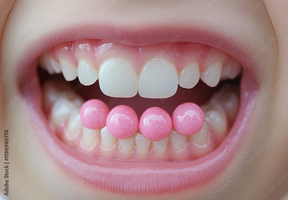 Obraz premium Close-Up of a Child's Mouth with White Teeth and Colorful Candy Balls, Highlighting Oral Health and Sweet Treats on a Bright Background